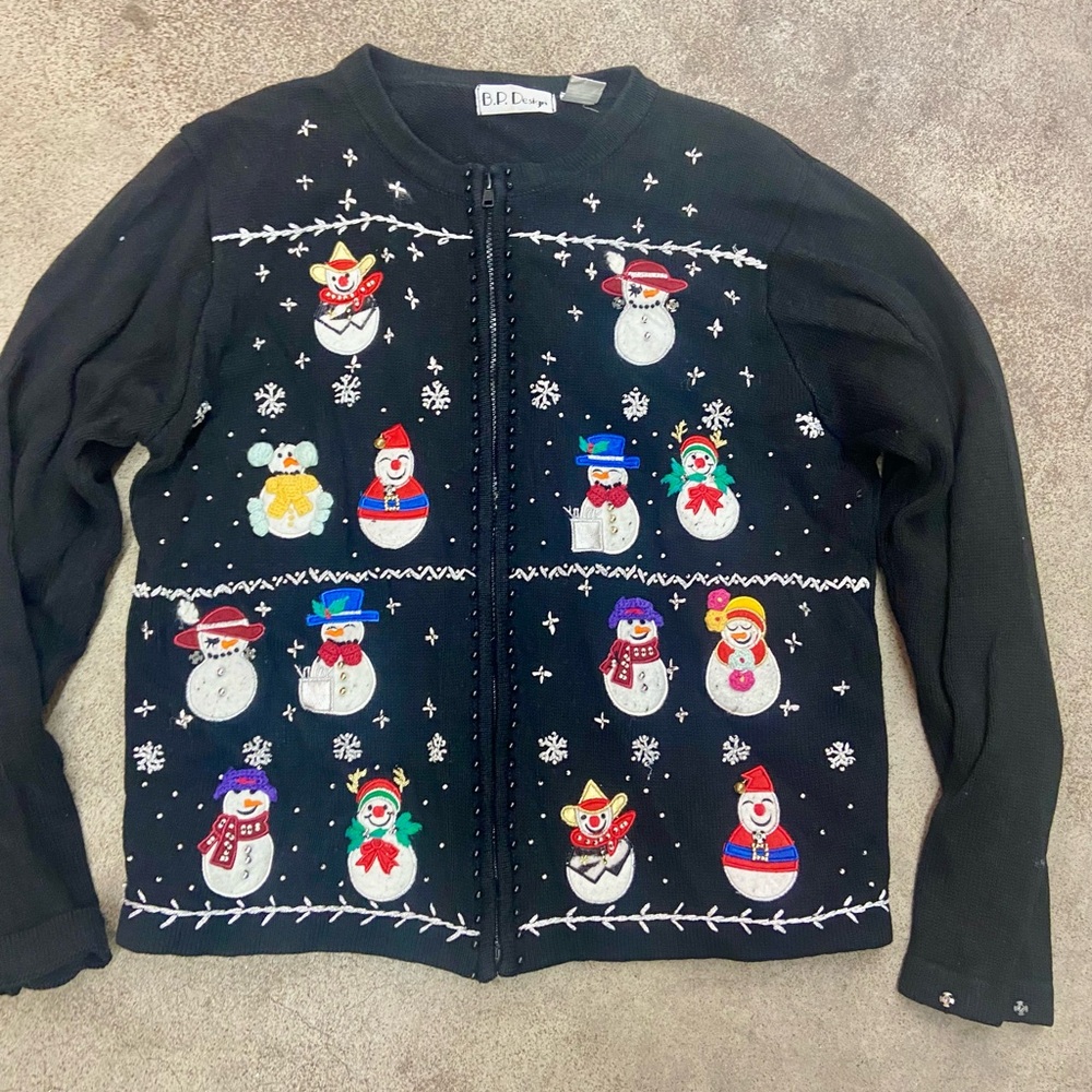 B.P. Design Festive Holiday Snowman Black Zip Up Cardigan Size L
